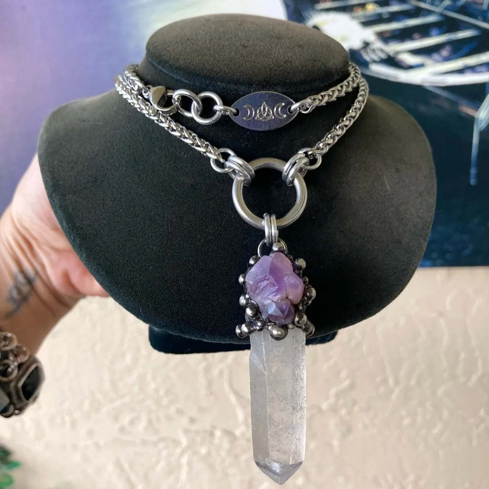 Natural raw purple amethyst &  crystal quartz gemstone boho charm necklace - Picture 2 of 16